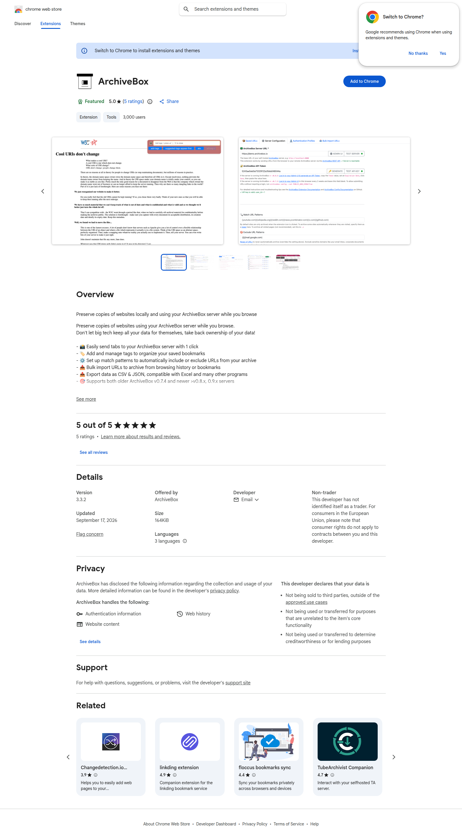 ArchiveBox on the Chrome Web Store
