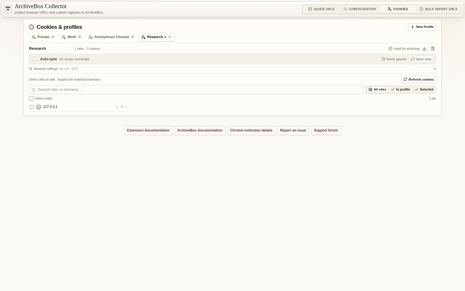 Archiving profile and imported browser cookies — desktop