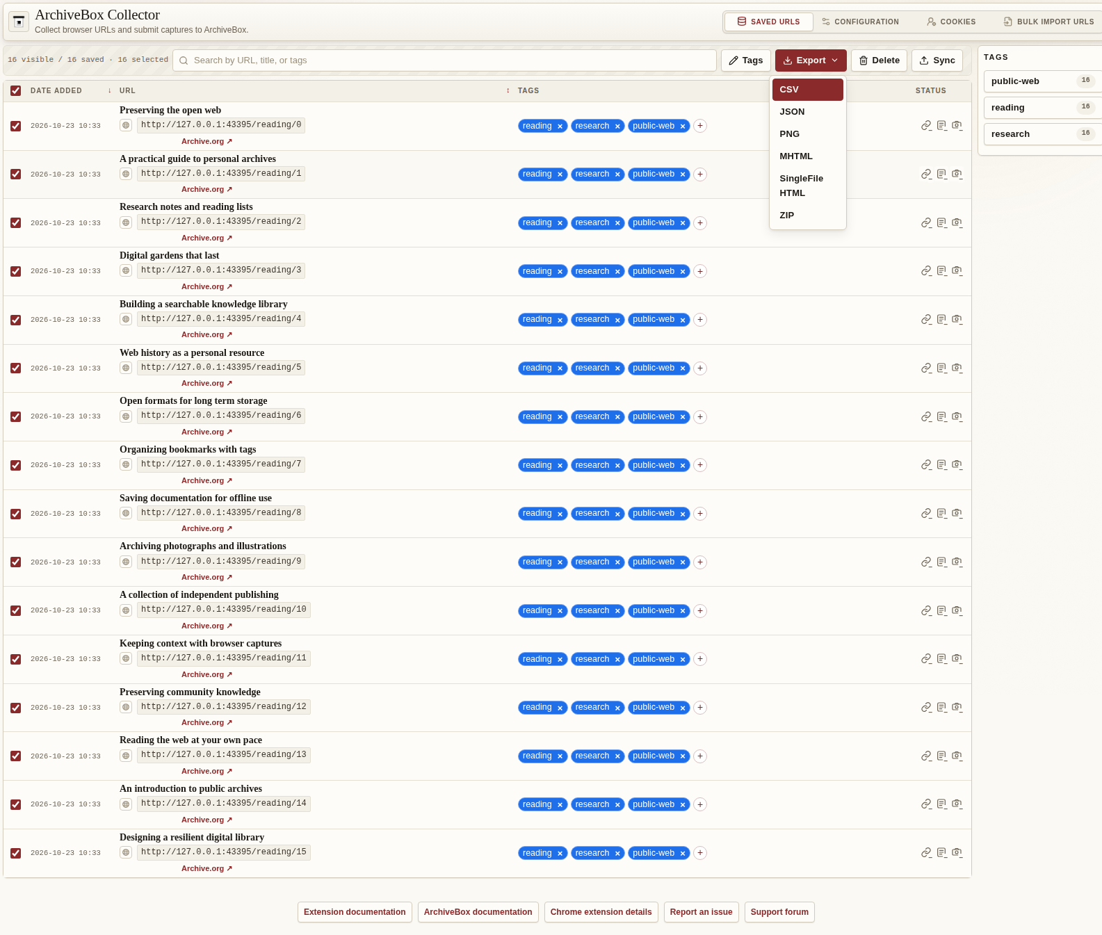 Export saved URLs and captures — desktop