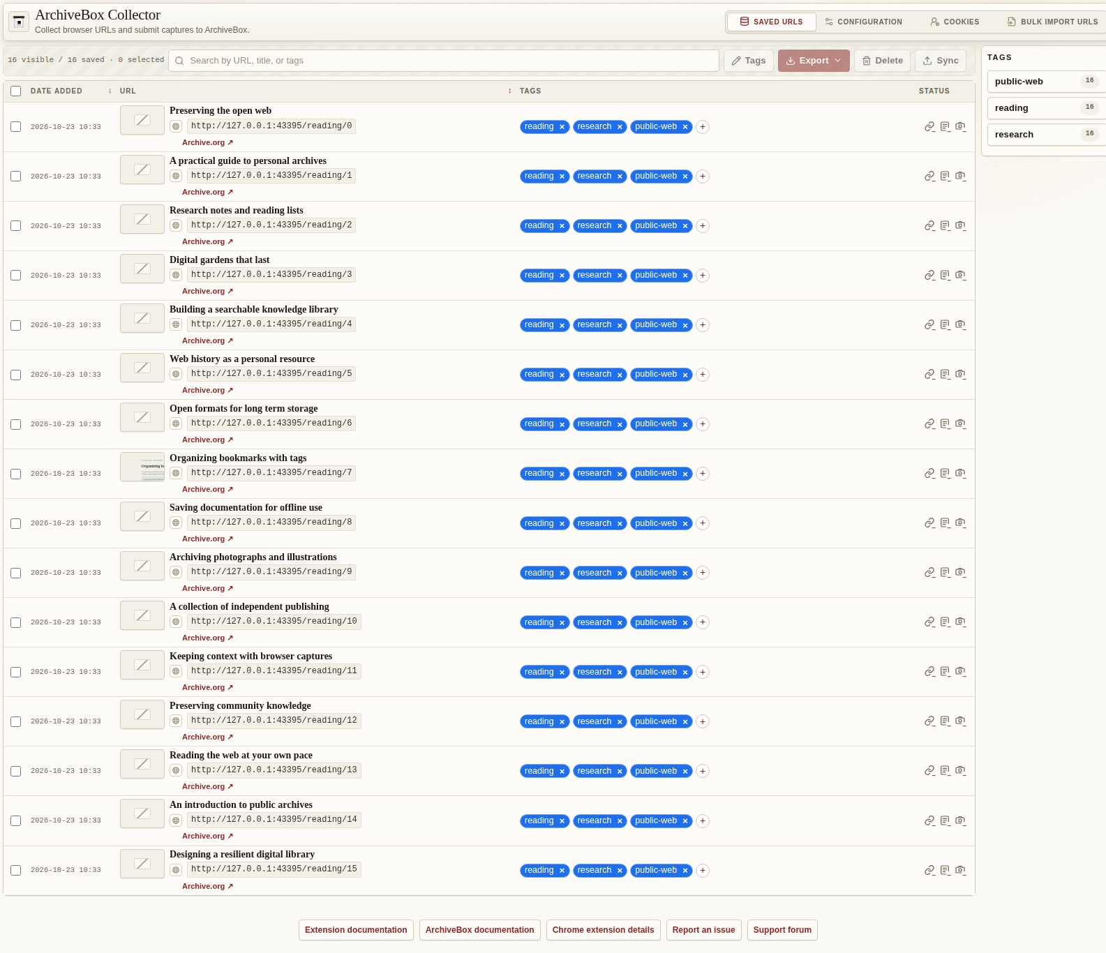 Saved URLs — desktop